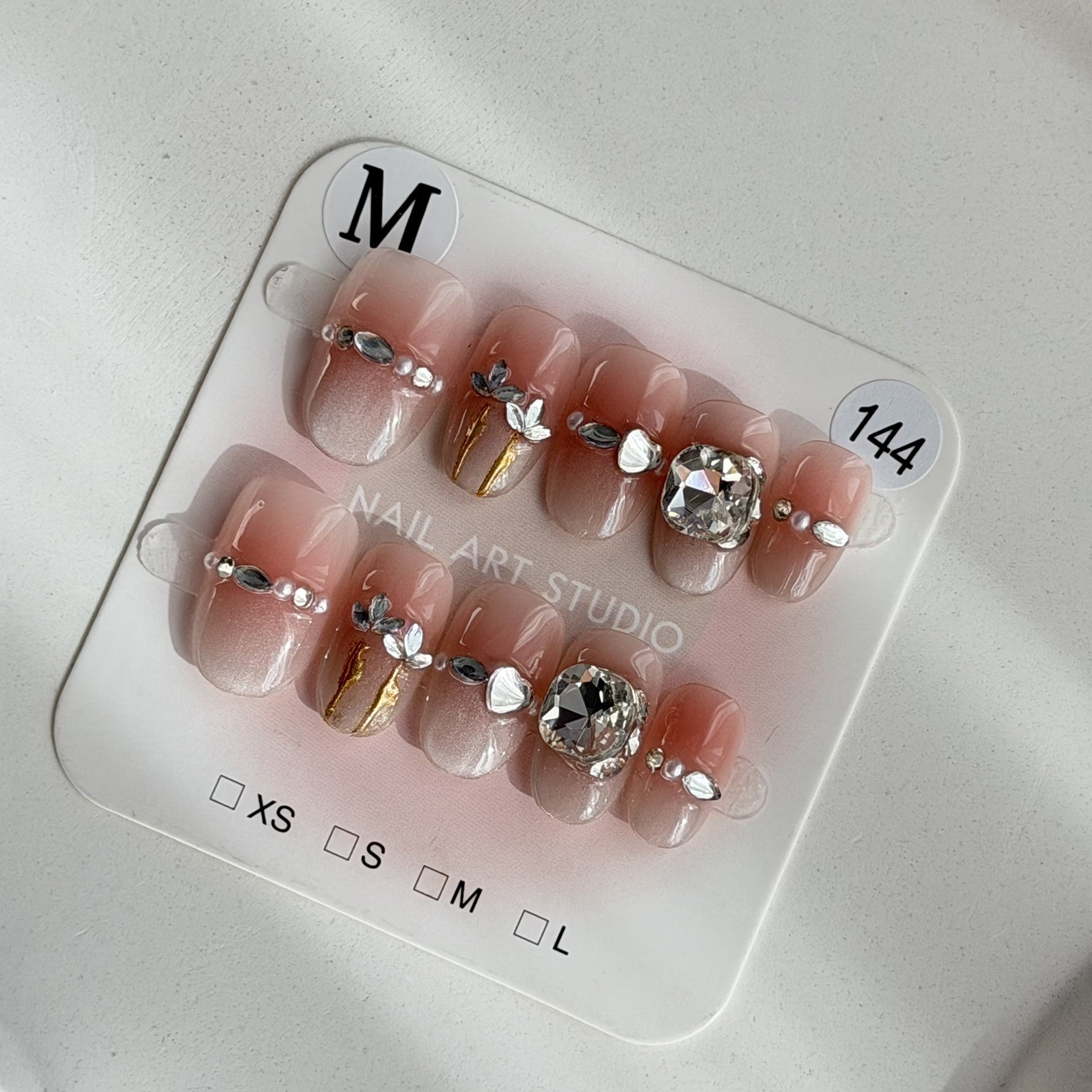 Handmade Pink Nude Flower Rhinestone Short Oval Press-On Nails Size M Reusable
