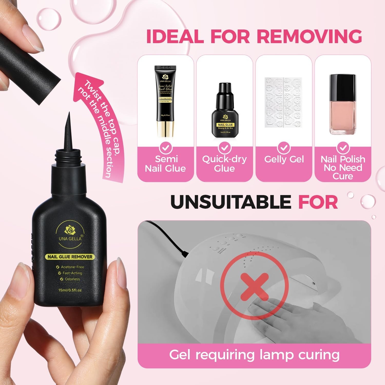 UNA GELLA Nail Glue Remover for Press on Nails 15ml Upgraded Stick & Remove 2 in