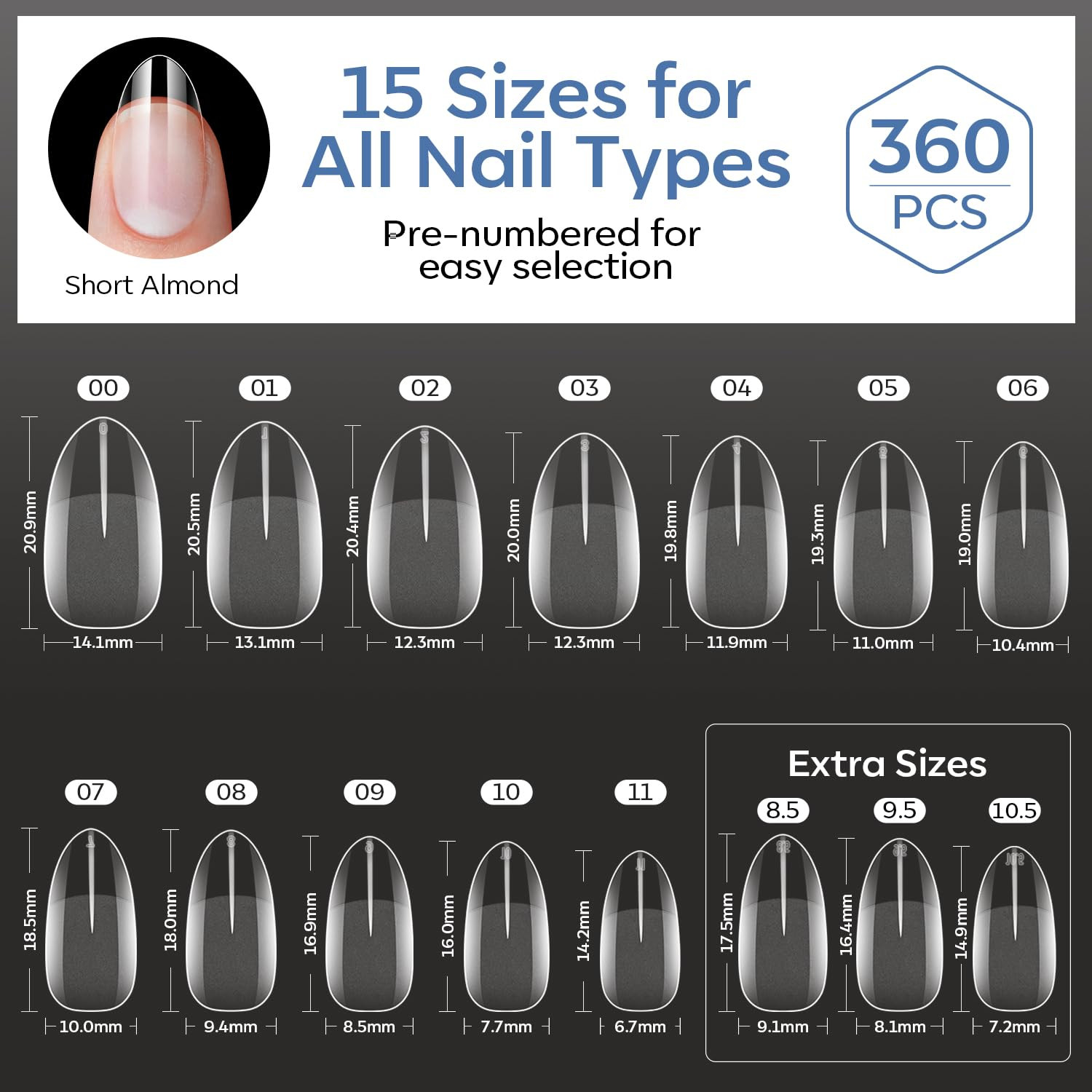 Short Almond Nail Tips, 360Pcs Pre-Etched Clear Soft Press on Fake Nails Full Co