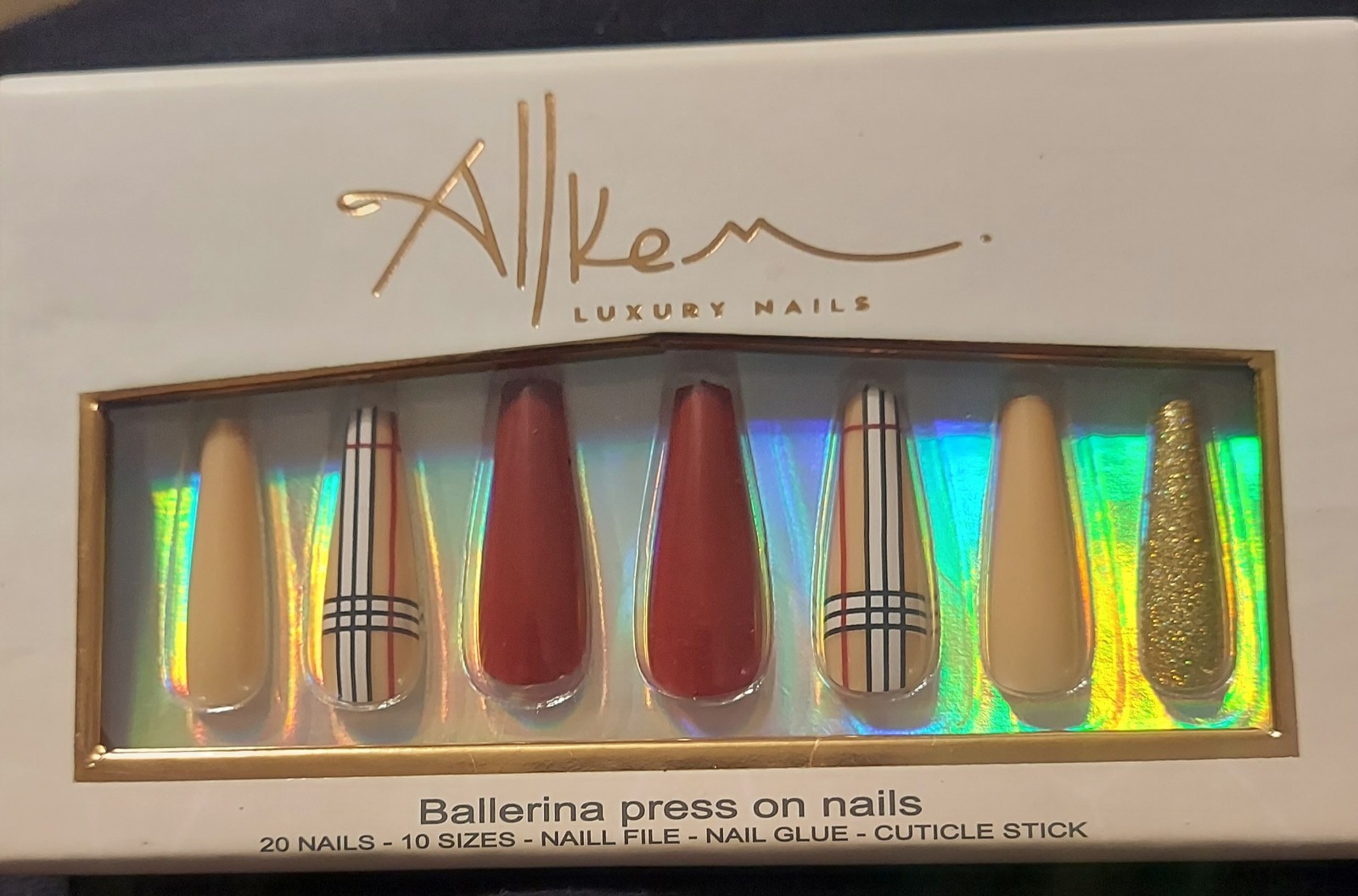 Allkem Nude Plaid Ballerina Press-On Nails Set, Full Cover, Glue Included, Shiny