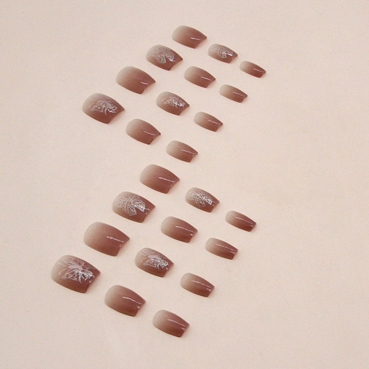 48pcs Short Square Press on Nails, Nude Brown Gradient Clear Butterfly Nails