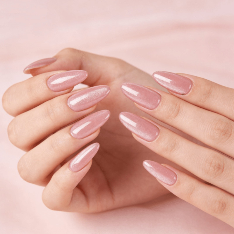 48 Pcs Nude Pink Cat Eye Press on Nails, Medium Almond Shiny Glossy Fake Nails