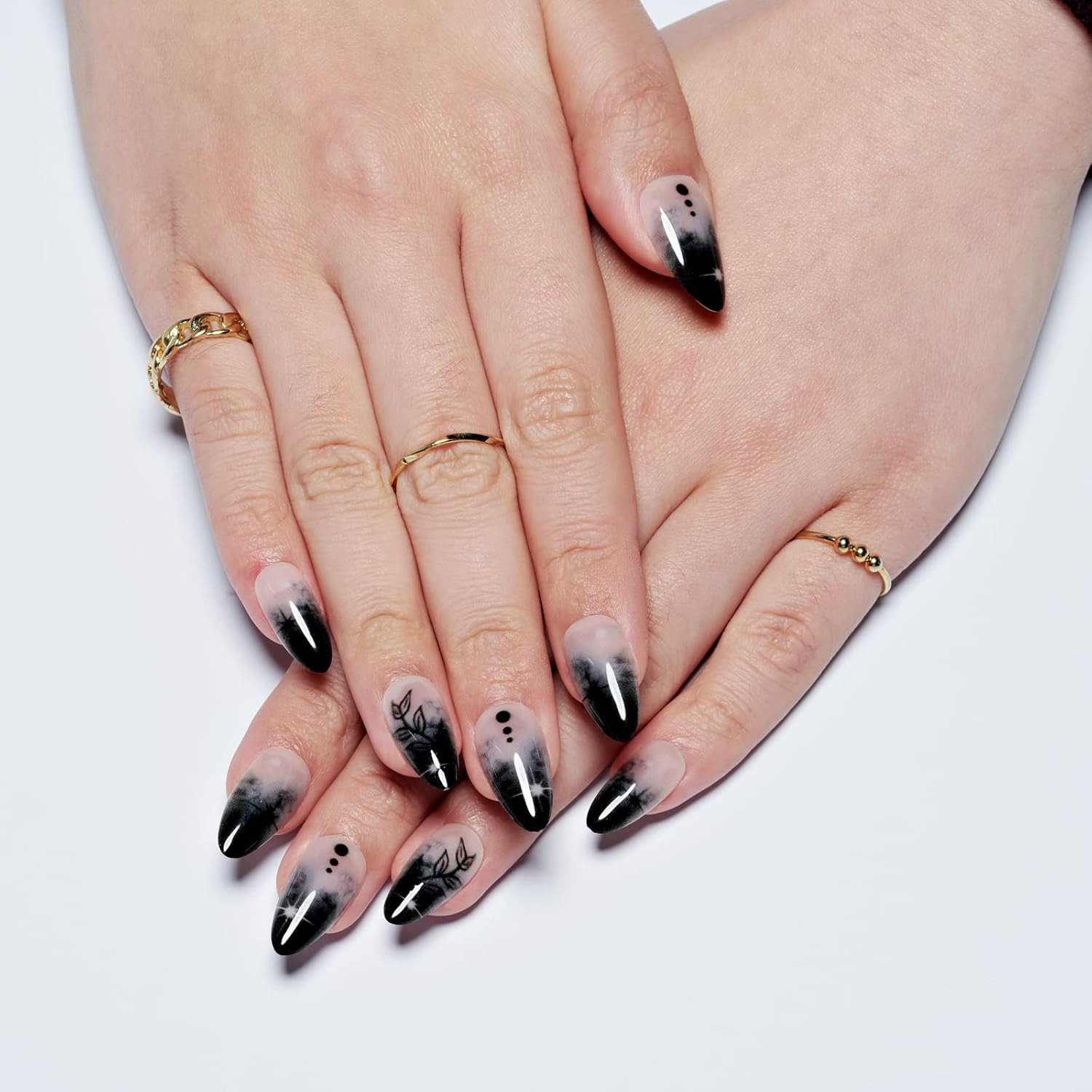 Press on Nails Medium Almond, Gothic Black Ombre French Tip Gel Glue on Nail, Gl