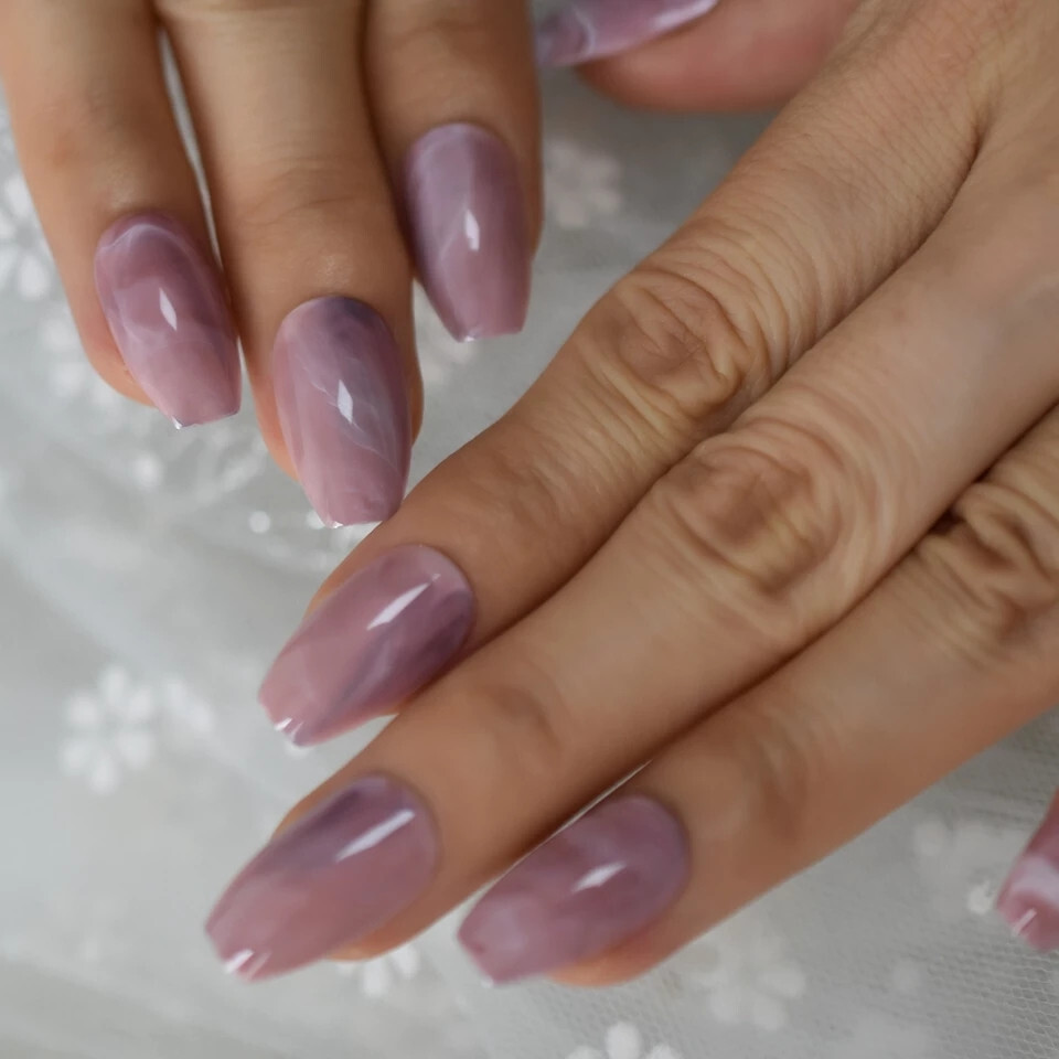 24 Medium Press on Nails kit glue on pink marble coffin