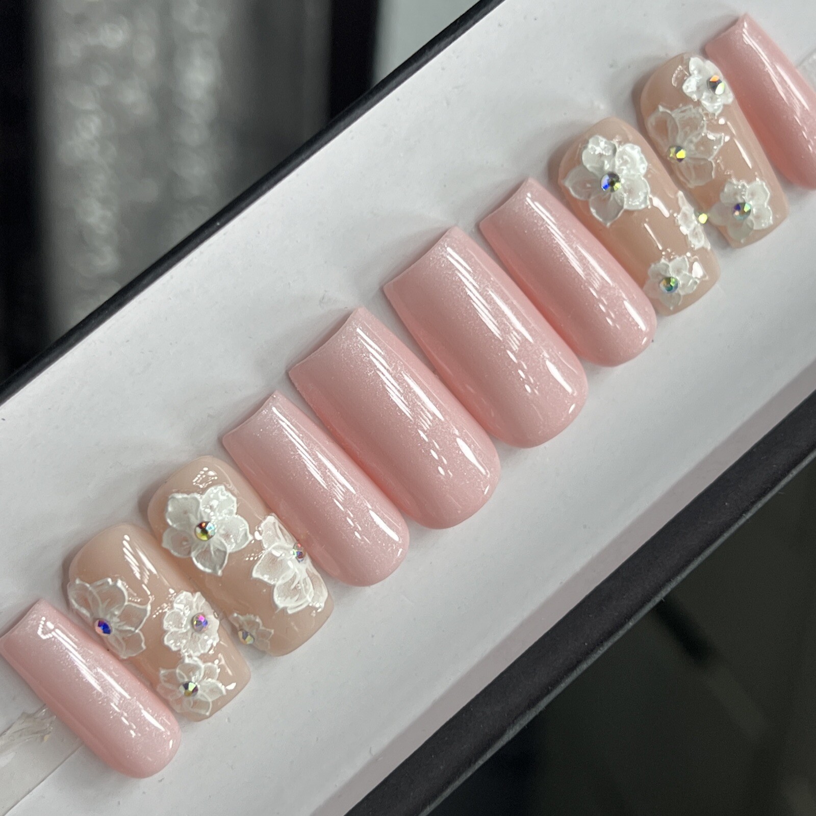 🤍 CUSTOM Hard Gel Press On Nails, Flower Pink Nude BLING 10p FULL SET W Kit