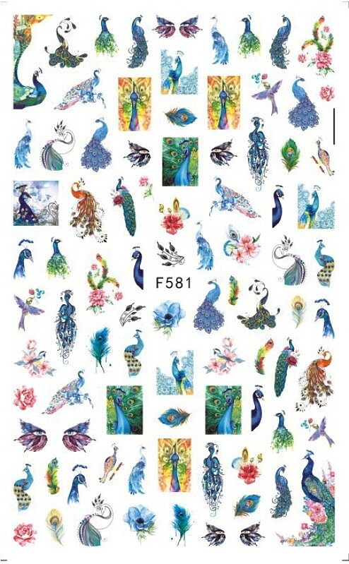 Peacock Nail Stickers Tropical Bird Flower Feather Marine Animal Mermaid Seastar