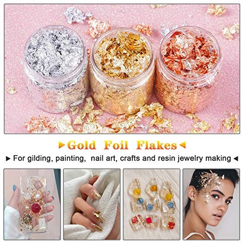 Gold Foil Flakes with Tweezers and Brush, 3 Colors Imitation Gold 3color-9g
