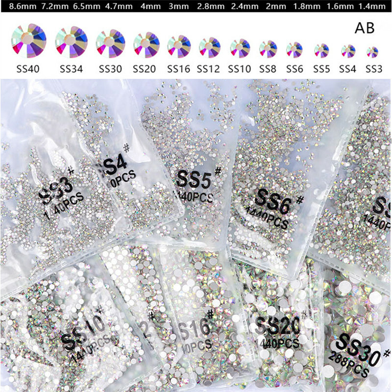 1440pcs Crystal AB Rhinestones FlatBack Glitter Diamond Gems 3D Nail Art Decor