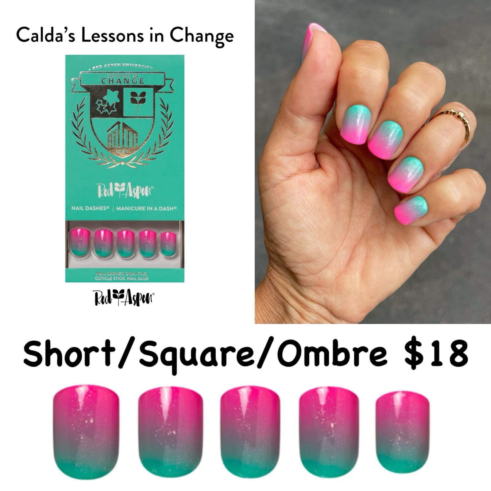 Red Aspen Press-On Nails Nail Dashes Short Square Ombre Pink Green Shimmer