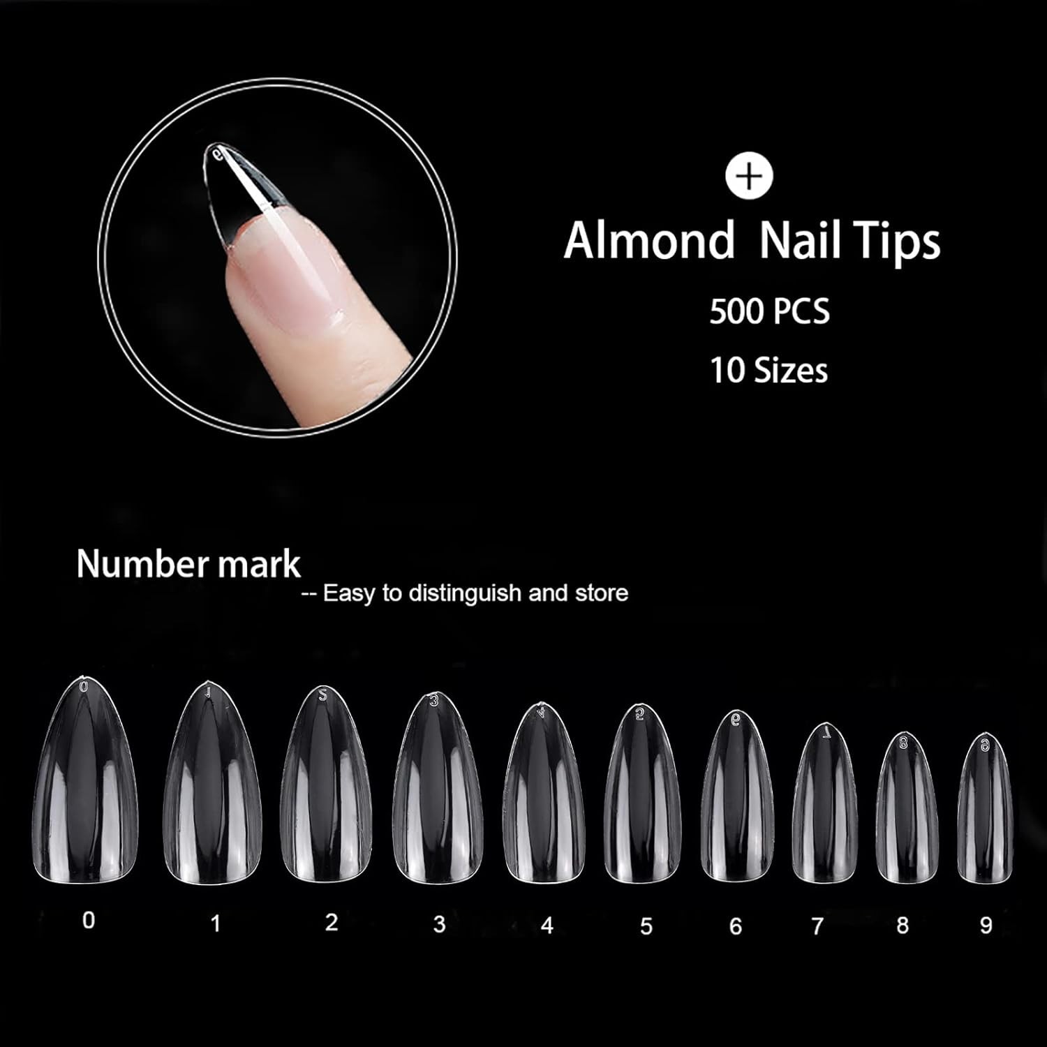 500 Pcs Full Cover Almond Acrylic Nails with Glossy Finish – 10 Sizes Included