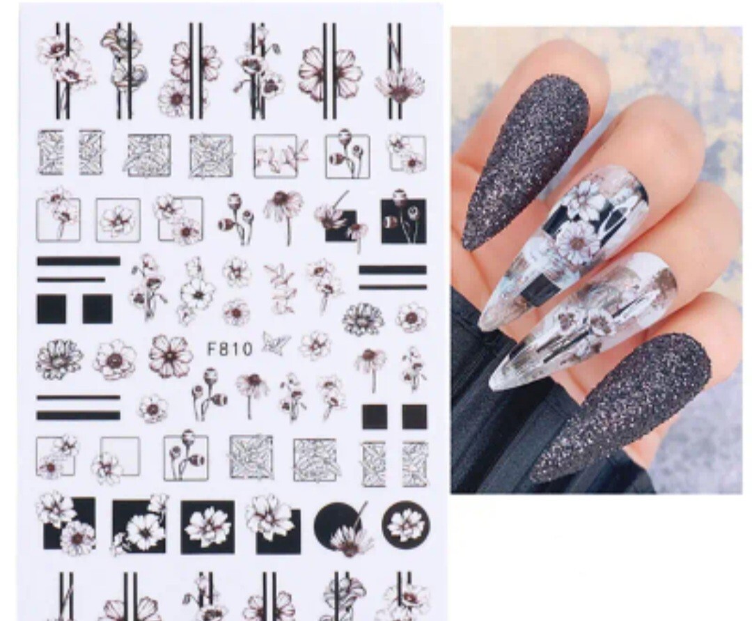 Floral Black & White Nail Art Transfer Stickers Flowers Line Art Artistic