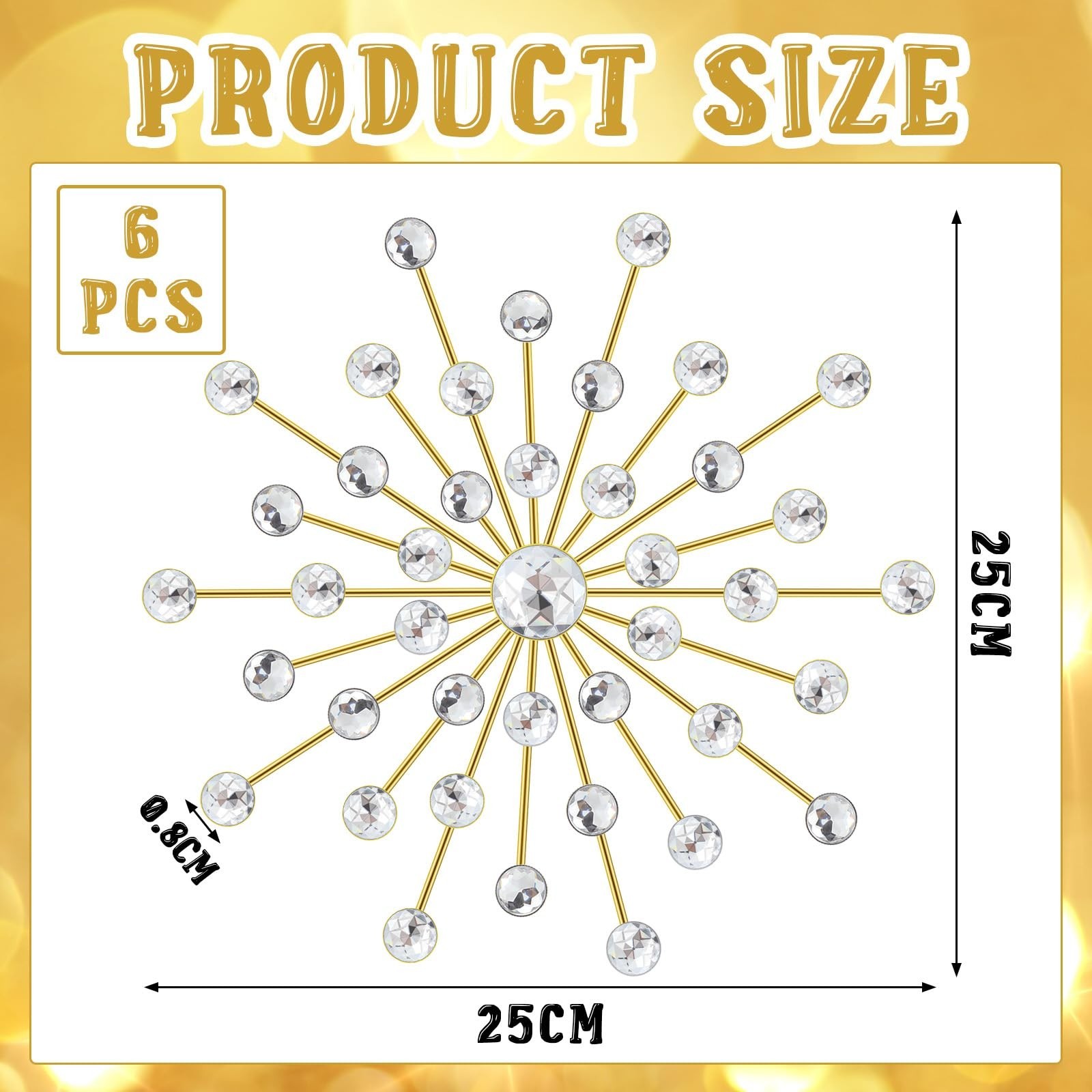 Barydat 6 Pcs Metal Starburst Wall Decor Bling Crystal Wall Art Rhinestone Su…