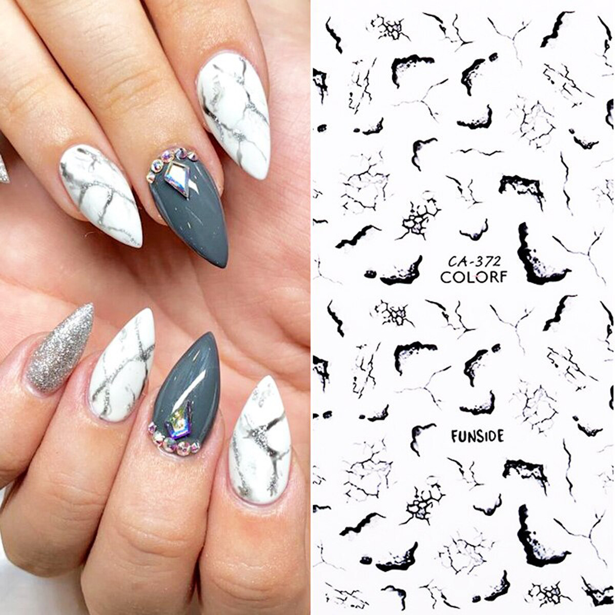 Nail art 3D stickers decal marble effect gray black white cracks CA372