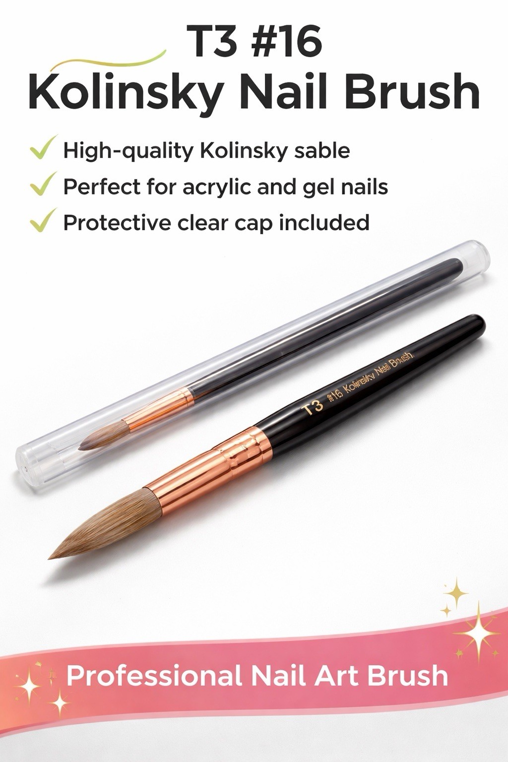 T3 Kolinsky Sable #16 Nail Brush Acrylic & Gel Nails Rose Gold Ferrule Cap