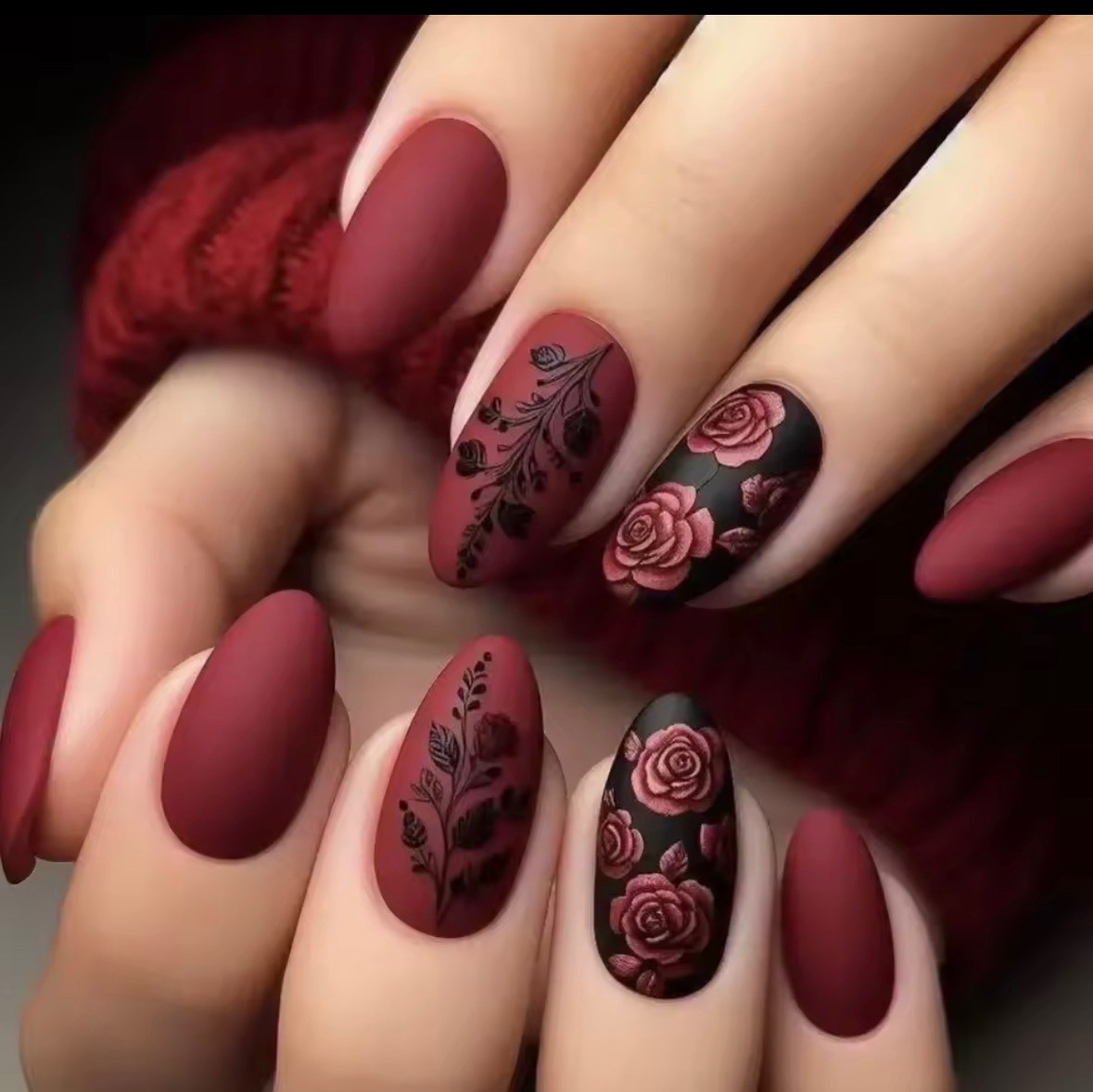 24PCS Matte Almond Press On Nails Burgundy Rose Leaf Full Cover Nails