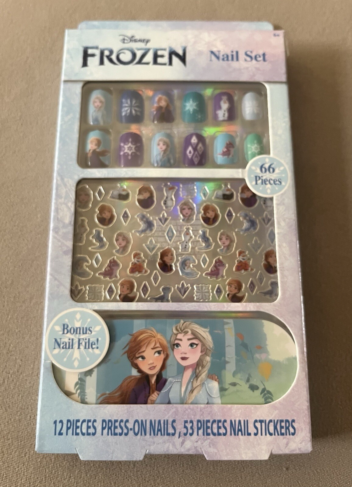 66 Piece Disney Frozen Nail Set~12 Press-On Nails & 53 Nail Stickers, New In Box