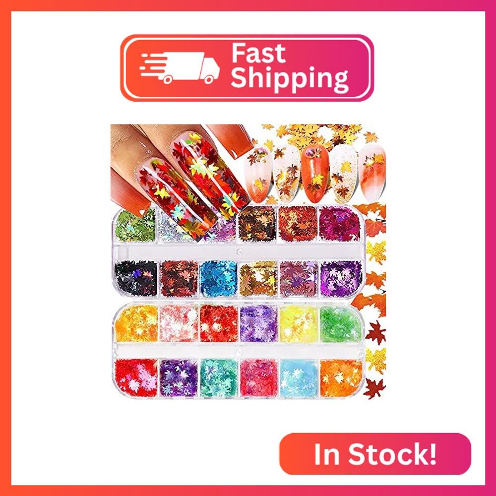 Fall Glitter Nail Sequins, 24 Colors Holographic Maple Leaf Art Flakes, Orange G