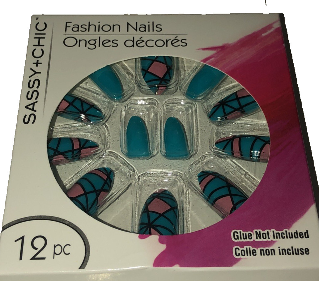 NEW Sassy+Chic Fashion Nails Blue And Pink-1pk of 12pc-Glue Not Included SHIPN24