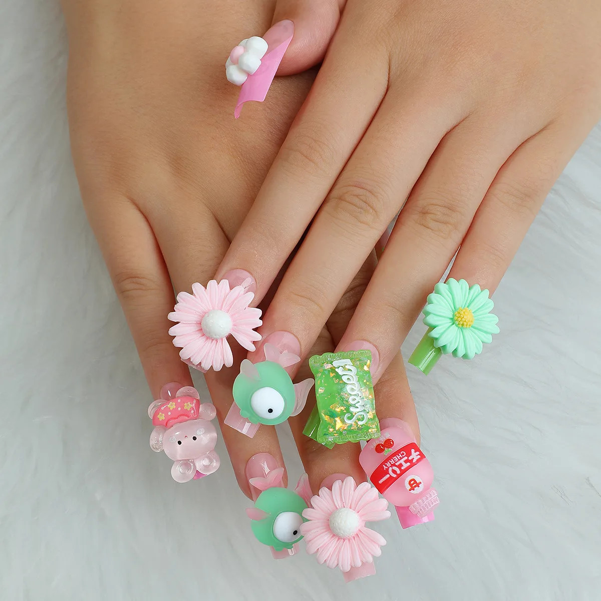 24pcs 3D Flower Bowknot False Nails Y2K Long Coffin Press On Nails