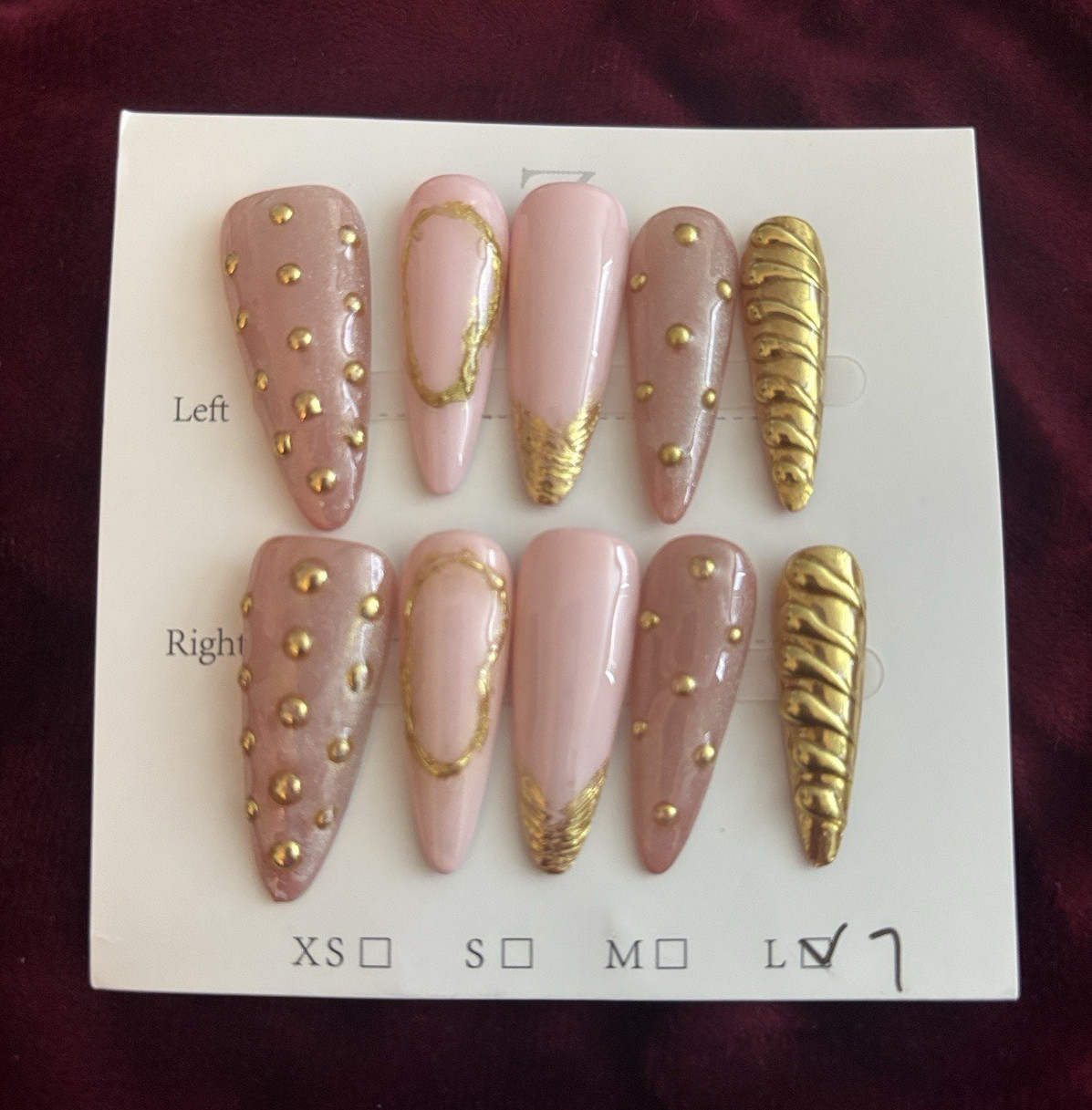 Press-On Nails Set Pink/Gold 3D Metallic Shimmer Geometric Long Coffin