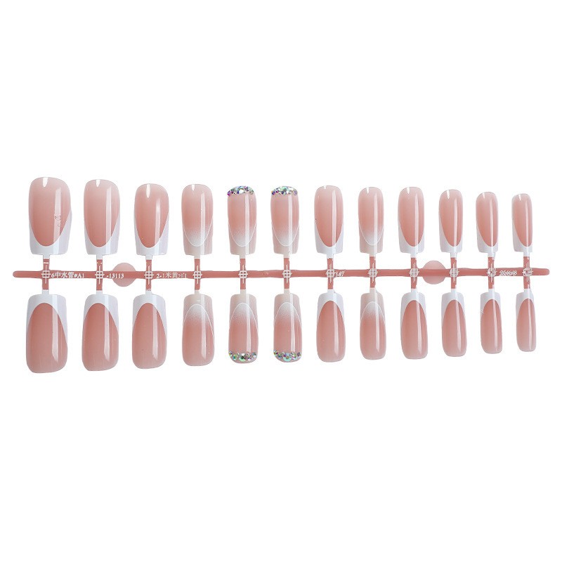 48pcs Short Square Press on Nails, Nude White French Tiny Rhinestone Daily Nails