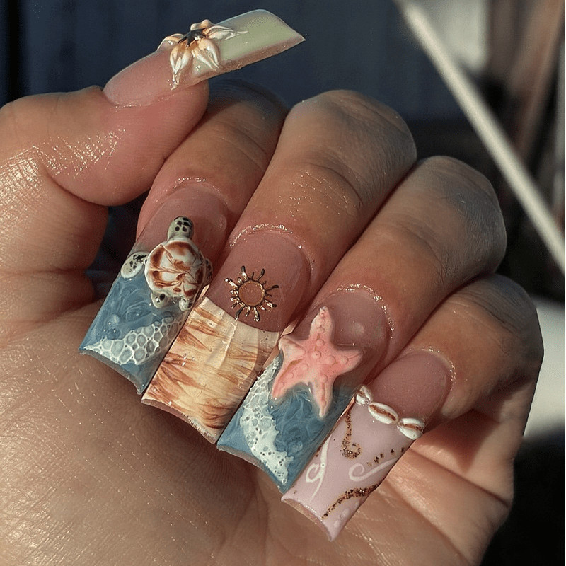48 Pcs Ocean Turtle Press on Nails, Long Square 3D Starfish Art Fake Nails