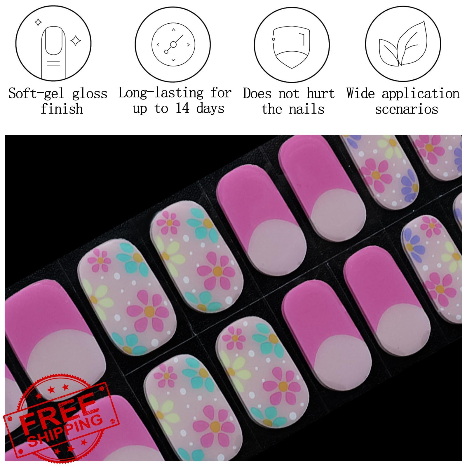 IQXGE 20PCS Semi Cured Gel Nail Strips French Tip Spring Summer Nail Wraps wi…
