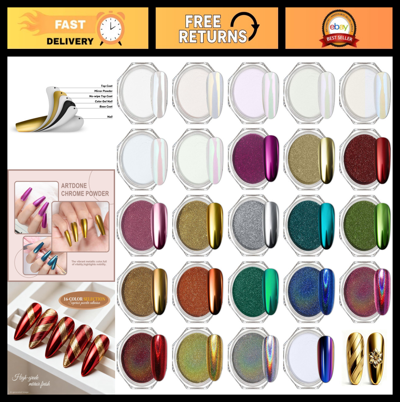 24 Jars Holographic Nail Powder Kit – White Pearl & Gold Mirror Effect for Nail