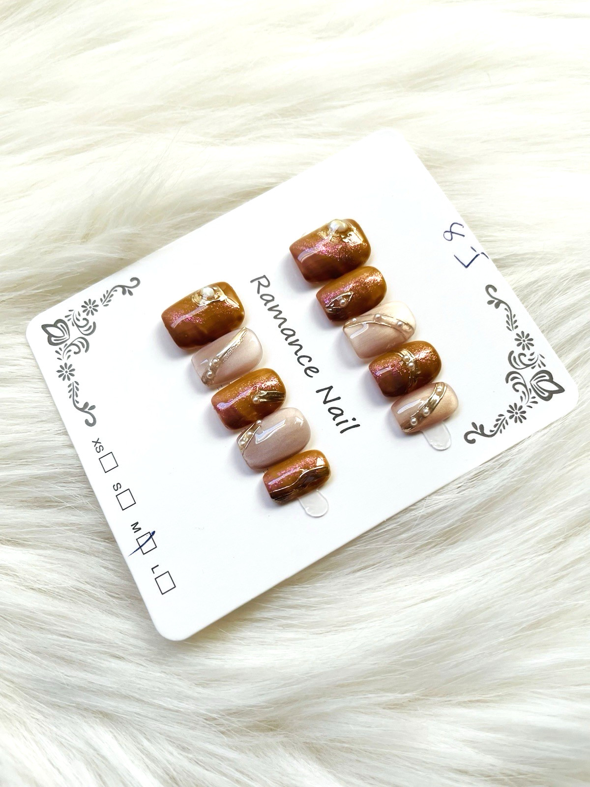 Bronze Pink Pearl Gold Premium Press On Nails Size MEDIUM, Short Length Square