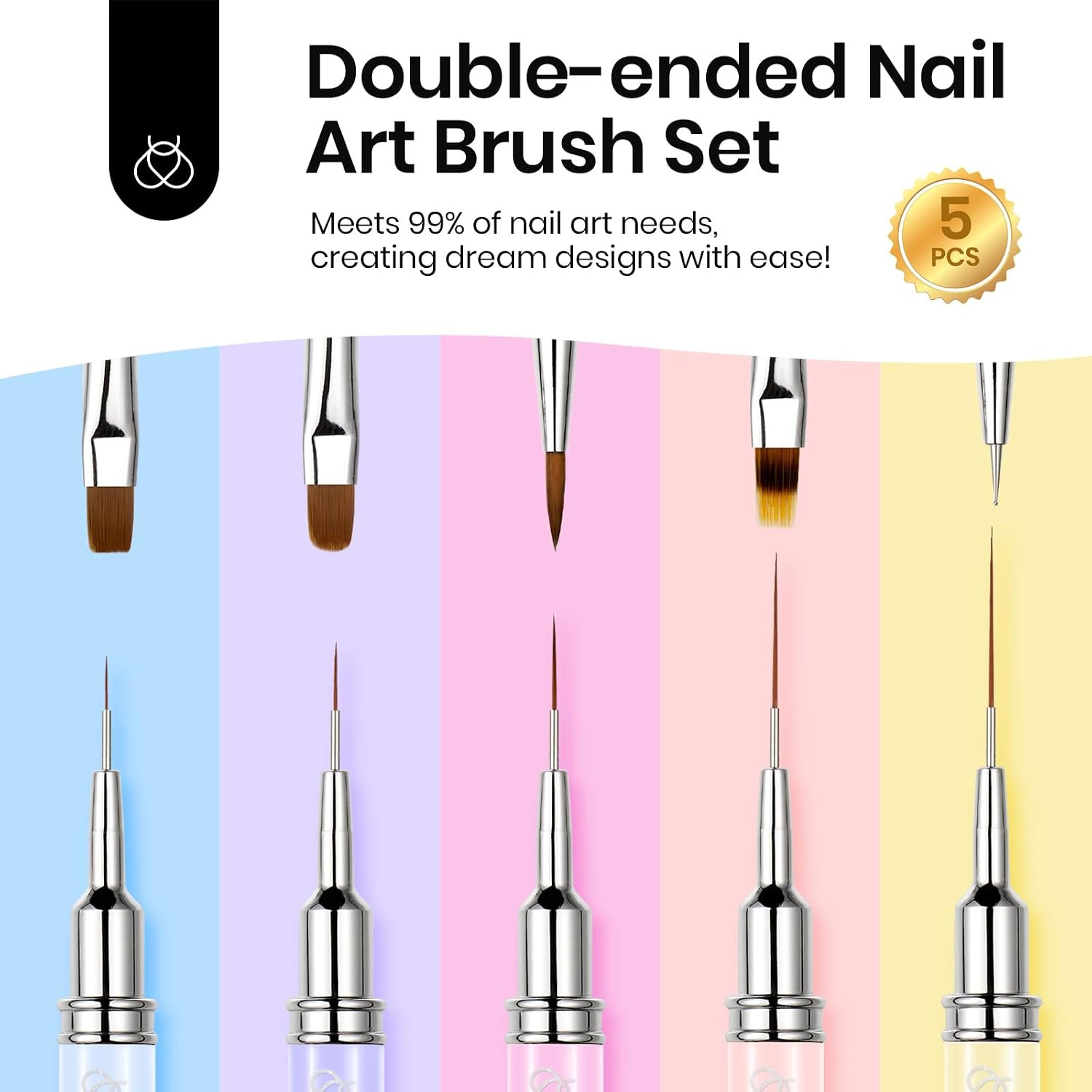 7 Pcs Double-Ended Nail Art Brushes Set, Synthetic Fibers | Gel Polish Design Pe