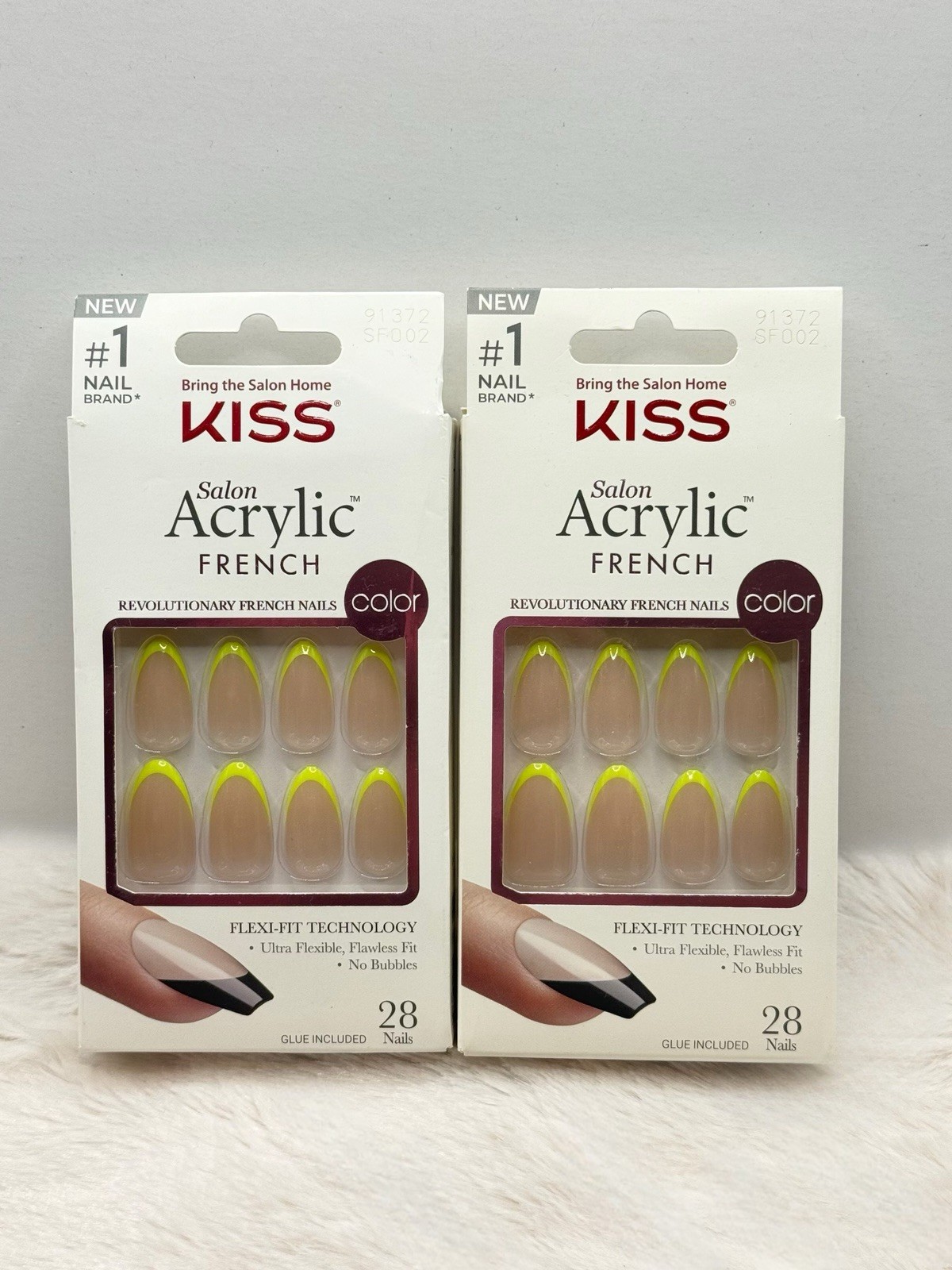 Kiss Salon Acrylic French Press-On Nails Medium Almond Neon Yellow 91372 Lot Of2
