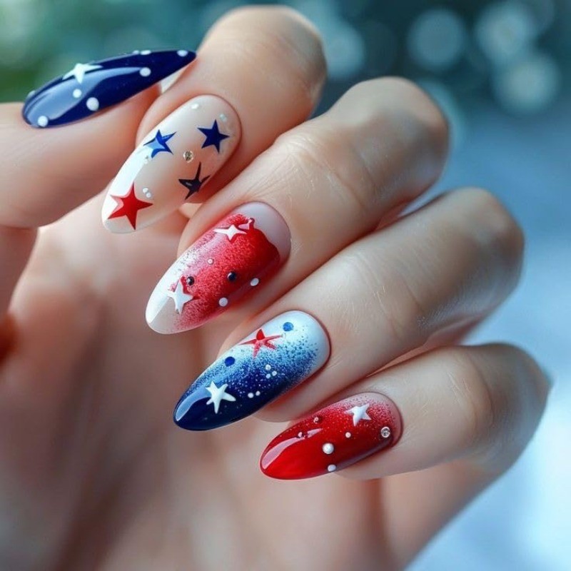 48p-4th of July Press on Nails with Ombre Red, White & Blue Star Accents, Glossy