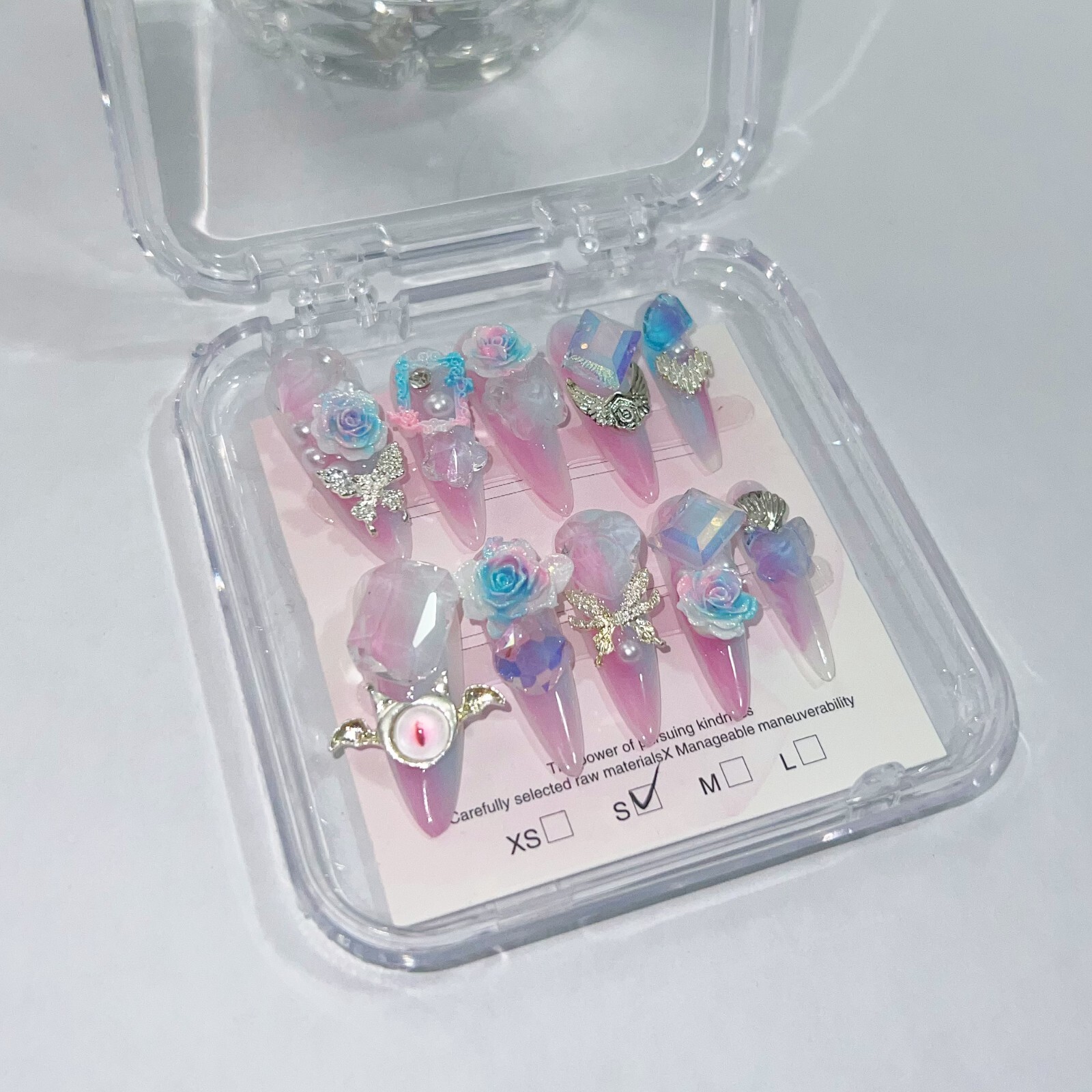 Handmade Flowers And Rhinestones False Nail Long Stiletto Press on Nail