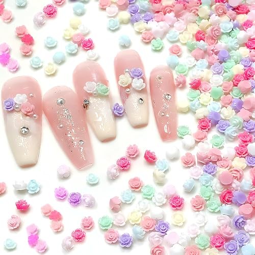 100Pcs Random Mixed Colors 4mm Tiny Flower Nail Charms Flatback 3D Flowers for