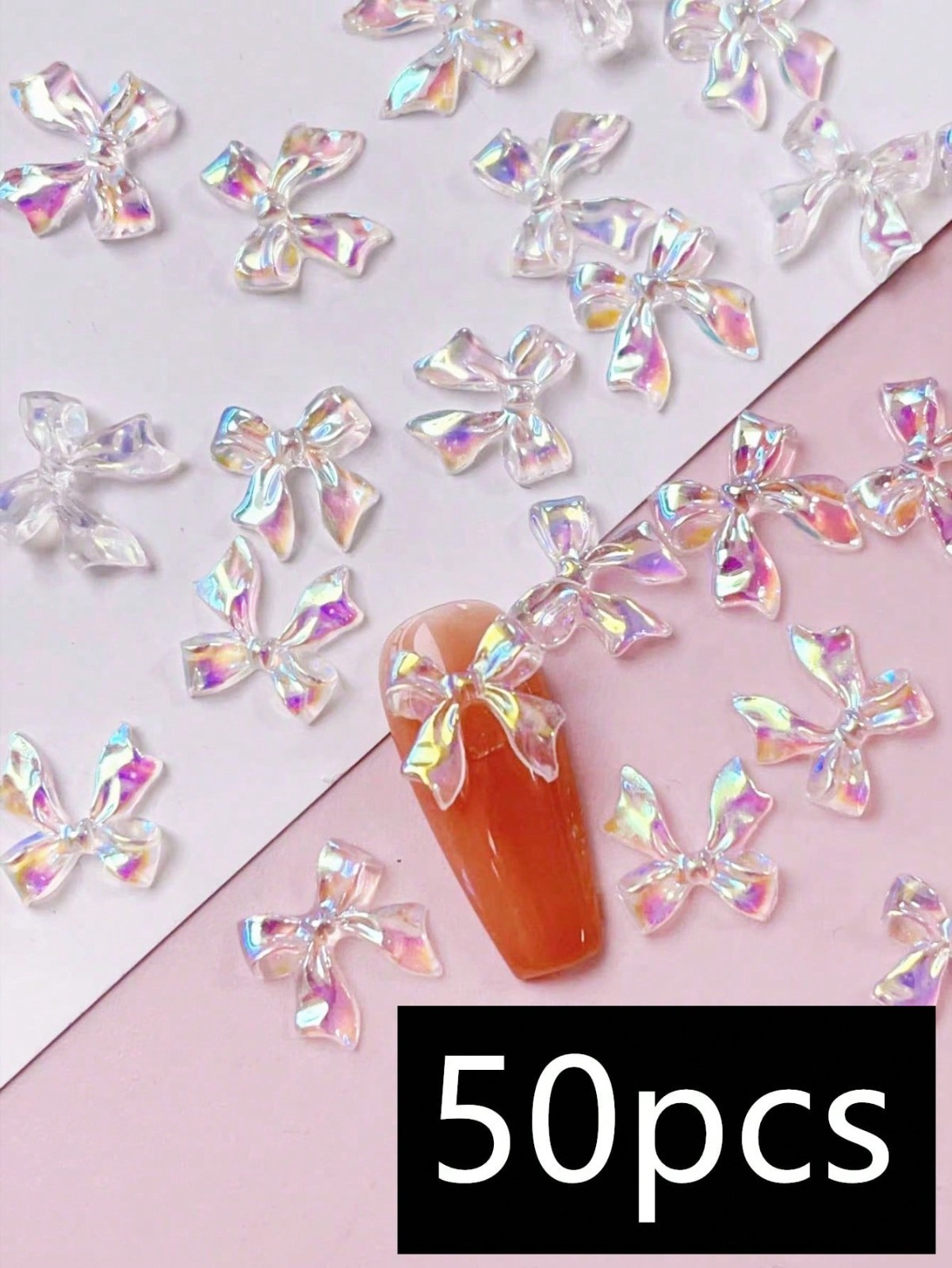 50PCS Resin 3D Nail Art Bows Nail Decoration Ribbon Crystal Aurora Bow Tie Gems