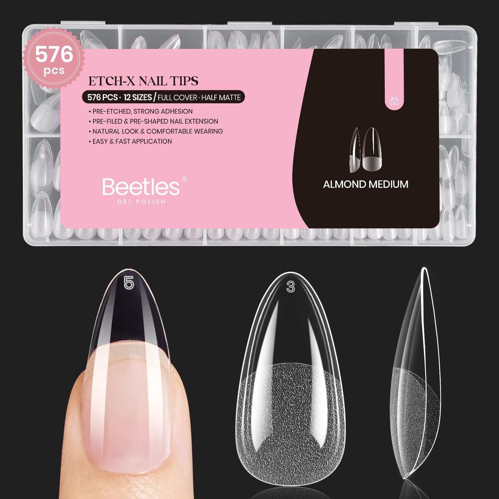 Medium Almond Nail Tips 576pcs, 12 Sizes, Pre-Etched Soft Gel, Half Matte Full C