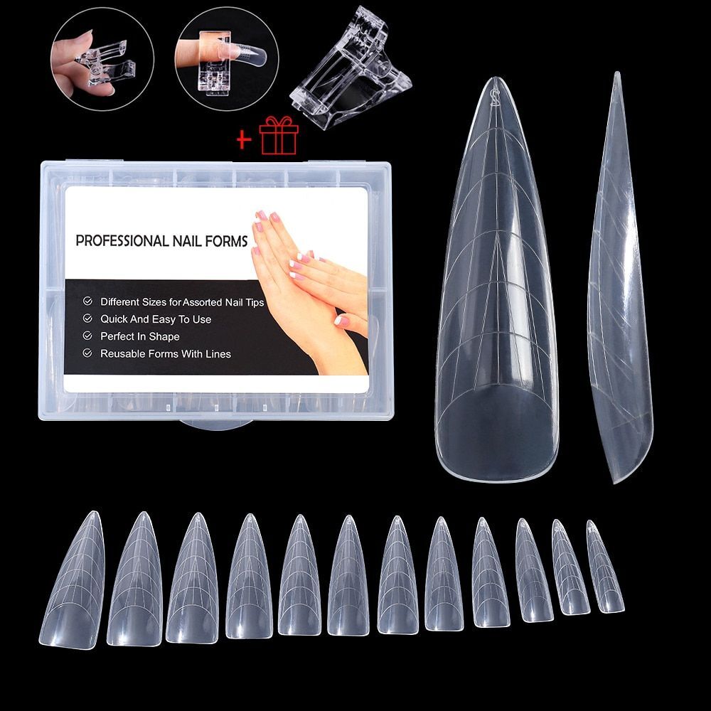 Nail Extension Form Tops -Stiletto Coffin Clear Dual False Tips Full Cover Forms