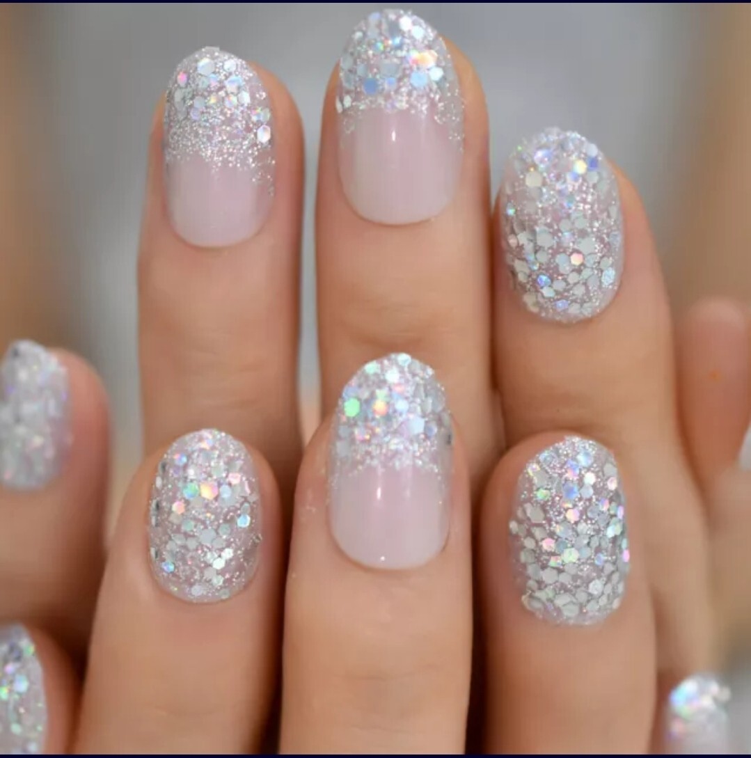 24 pink nude Short Press on nails Holographic glitter oval almond iridescent