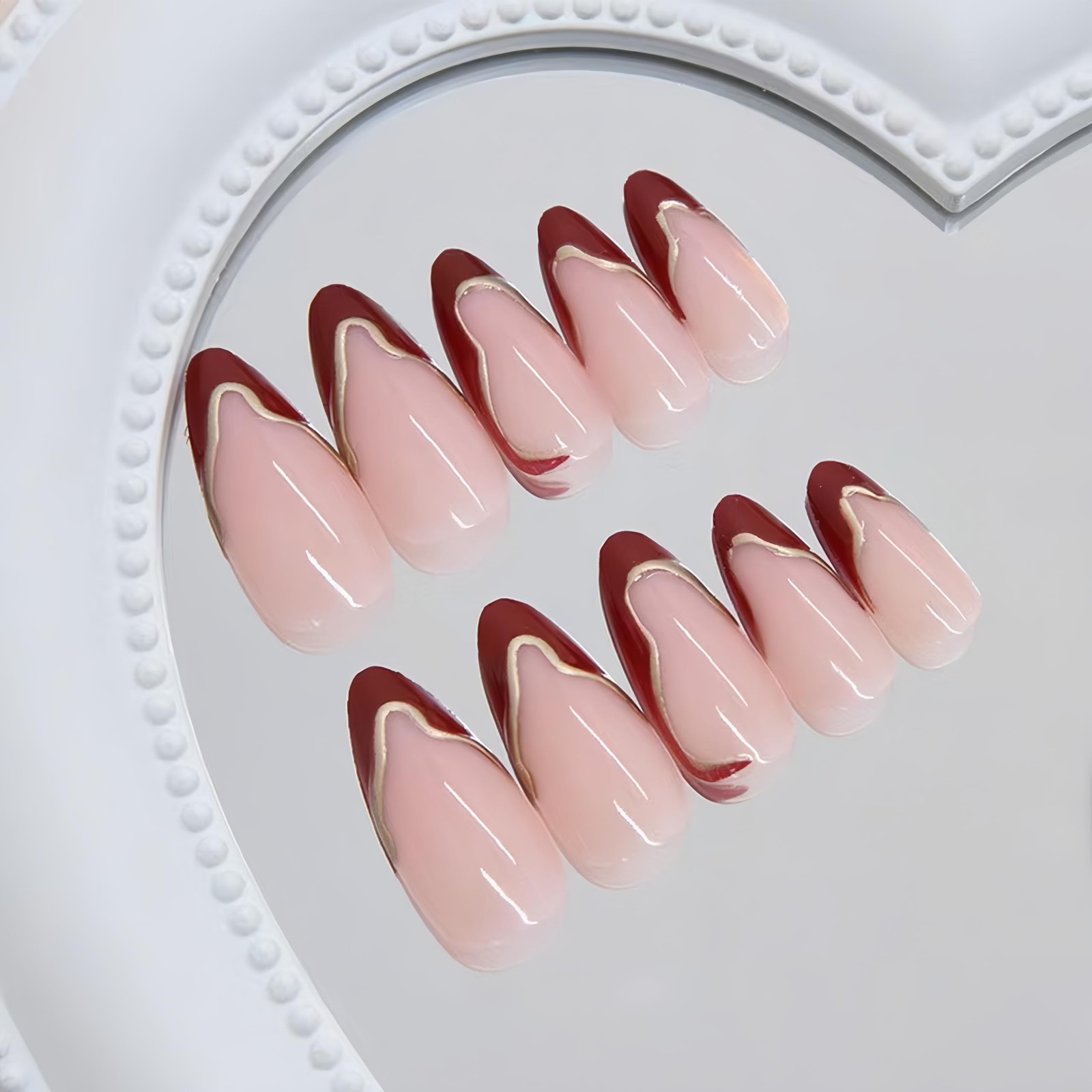 Press on Nails Medium Almond 3D Wine Red French Tip Fake Nails