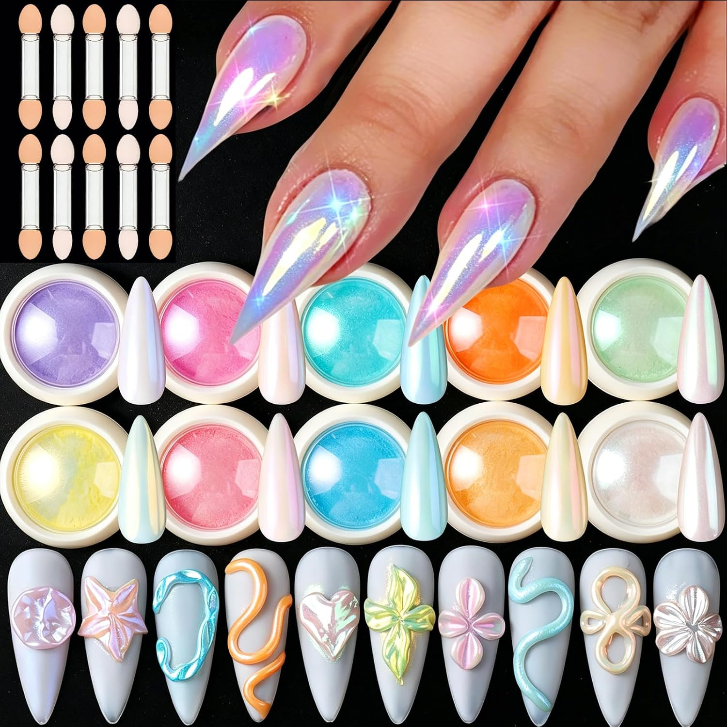 10Pcs Aurora Chrome Nail Powder Set,Iridescent Mermaid Moonlight Metallic Mirror