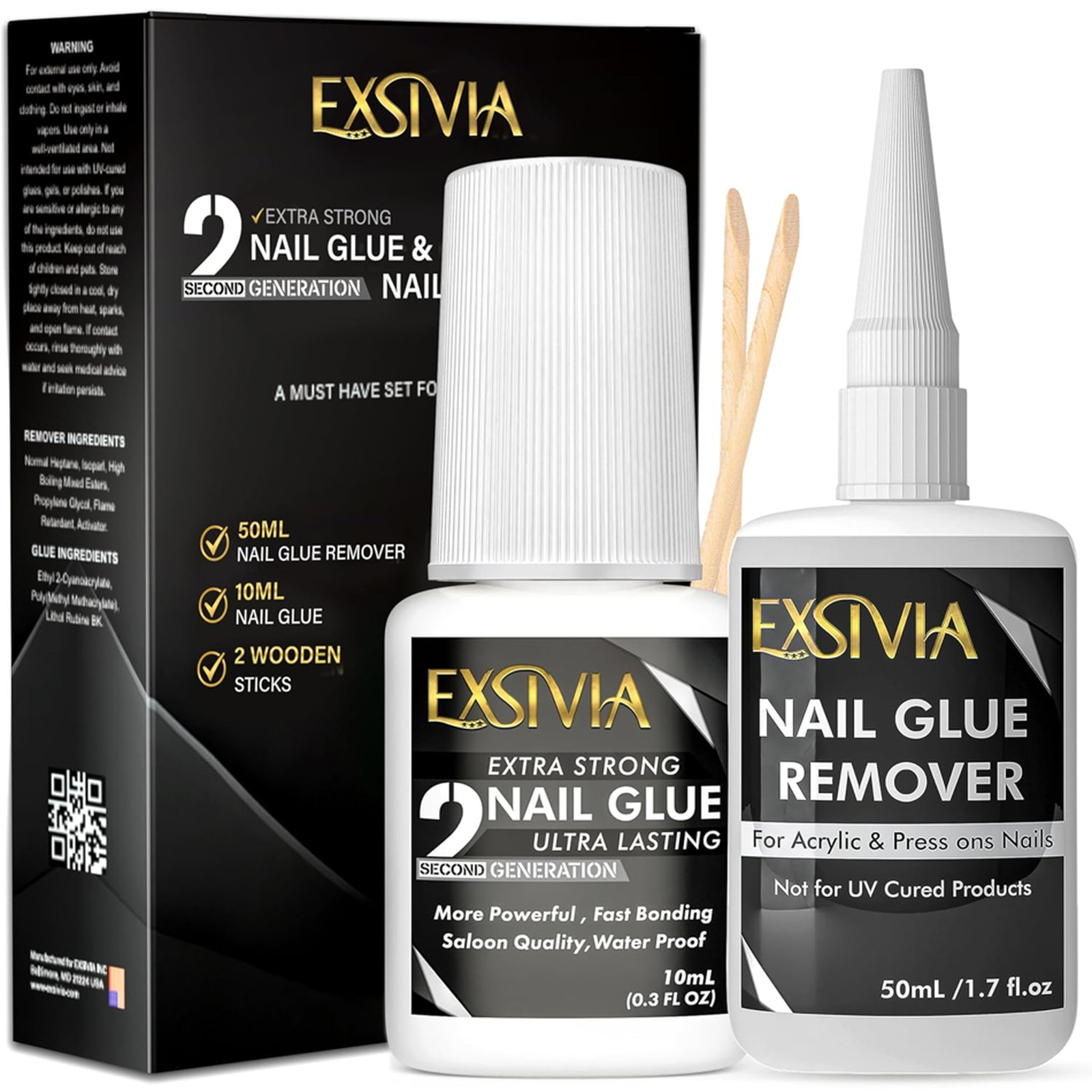 Super Strong Nail Glue 10ml with Acetone-Free Remover 50ml Press-On Kit Long