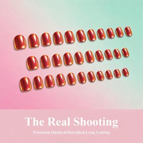 Bright Red Chrome Press On Nails Short, Shiny Cat Eye Extra Short orange red