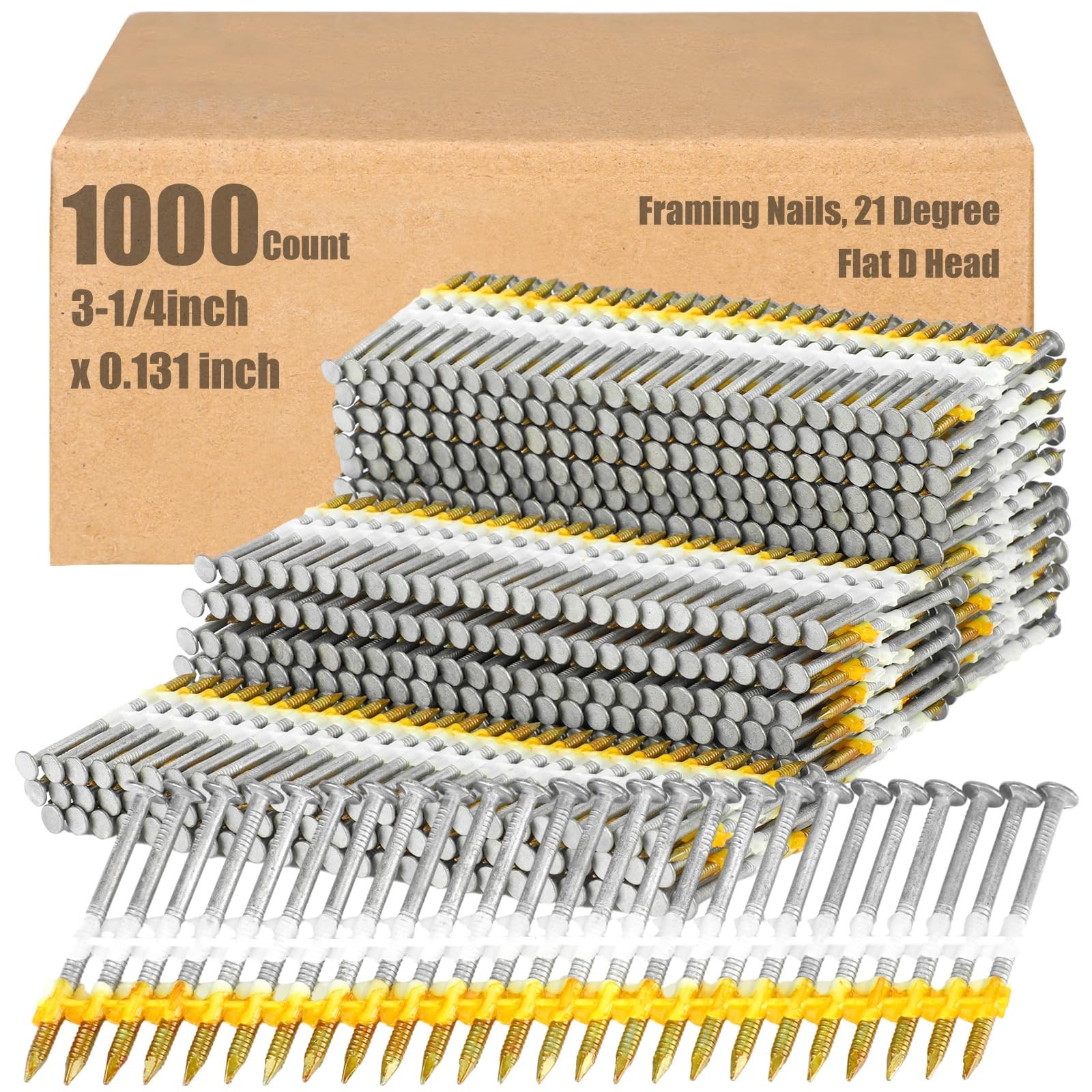 Therwen 1000pk 3-1/4″ Galvanized Ring Shank Framing Nails 21 Degree D Head