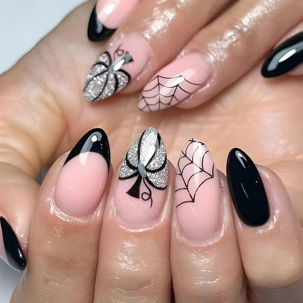 24pcs Halloween Spider Gothic Short Round Press On Nails