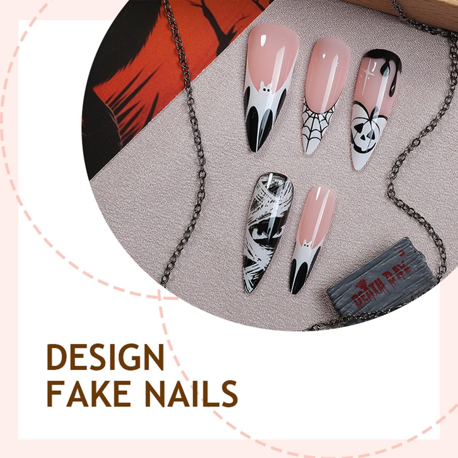 Halloween Press on Nails Pumpkin French Tip False Nails Medium Almond Full Co…