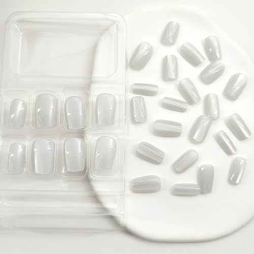 White Press on Nails Short Square Fake Nails with Glitter Cat Eye Designs Glossy