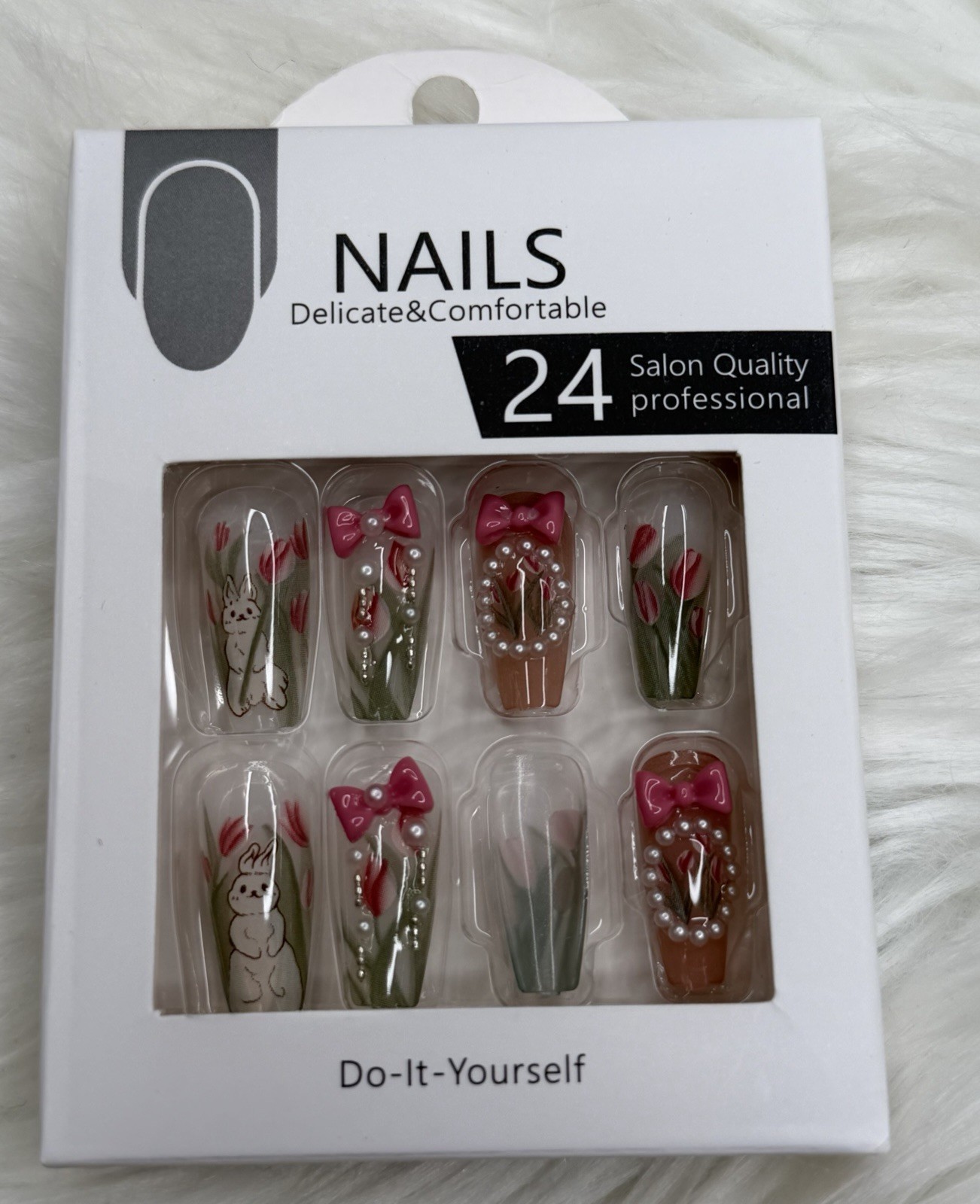 Multicolor 3D Coffin Press-On Nails Long Full Cover Bunny Flower Bow Set