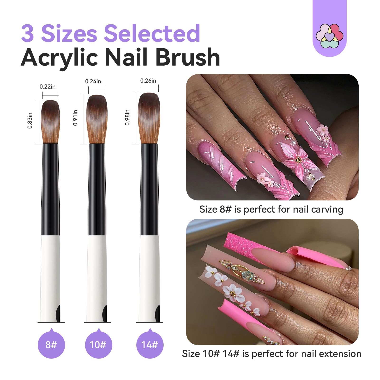Saviland 3pcs Acrylic Nail Brush Set, Size 8/10/14 1A-Size 8/10/14, 1A-White