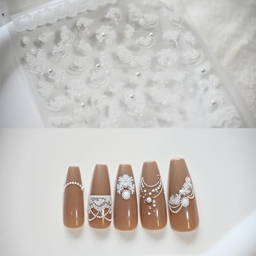 White Lace French Line Nail Art Stickers Pearl Rhinestones White Beige