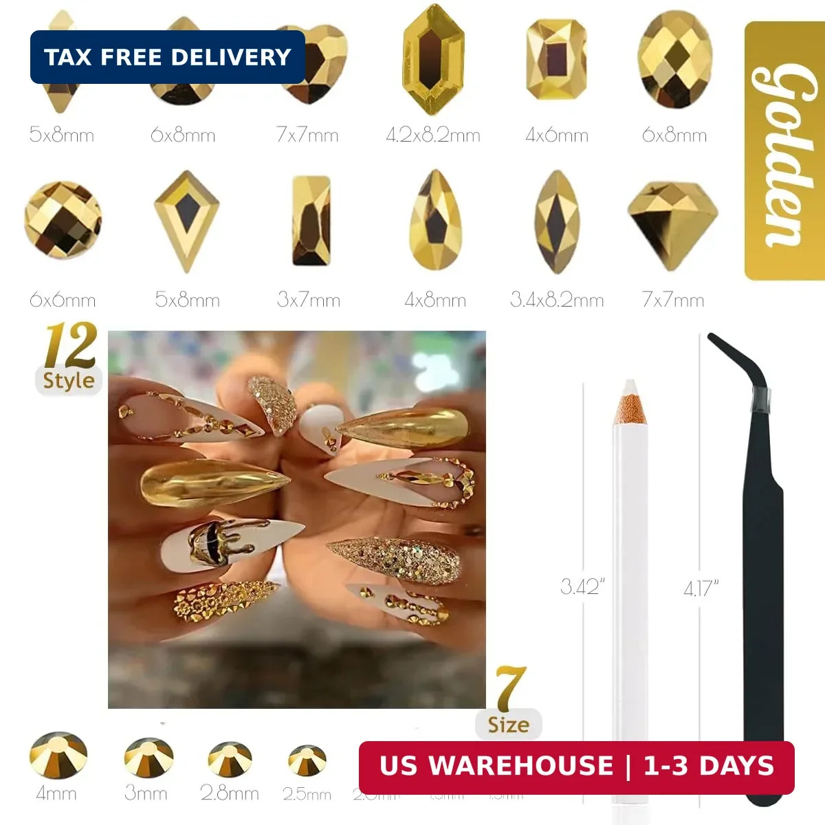 qiipii Old Golden Nail Rhinestones 120 Multi Shapes Flatback Gems K9 Glass Stone